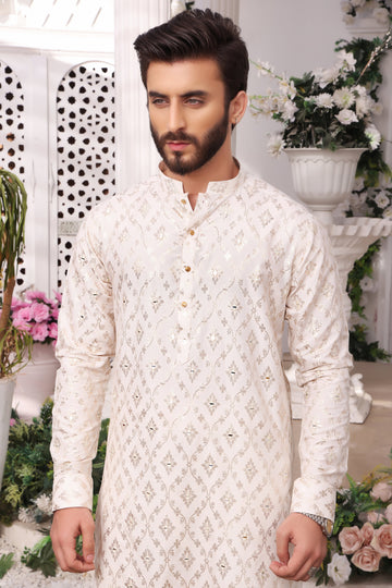 White Mirror Embroidery Self Cotton Silk Kurta Pajama For Men